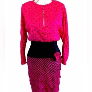 🦋Vintage 80’s Hot Pink Striped and Polka Dot Party Dress